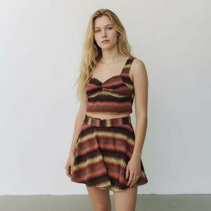 Volume One Brown Red Maroon Yellow Orange Chevron Crop Top with Skater Skirt